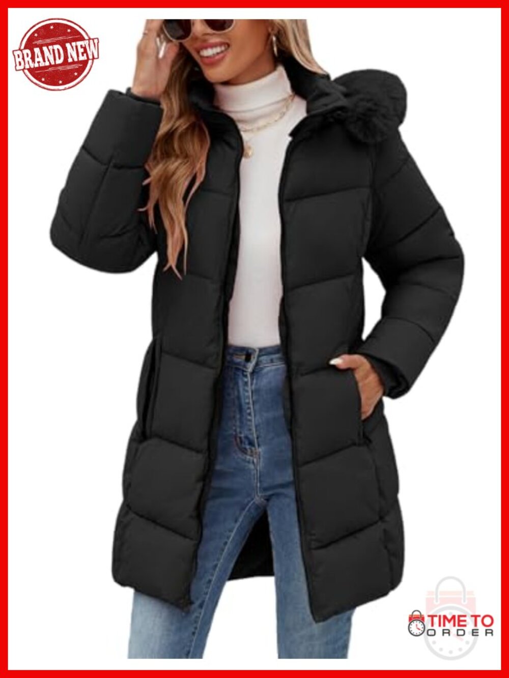 Water Repellent Fleece Lined Puffer Jacket Mid-Length with Detachable Hood Parka